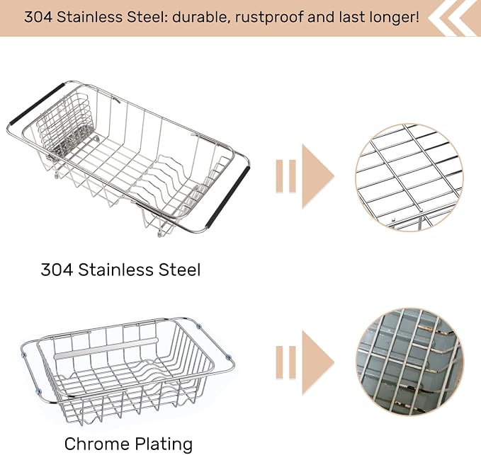 Sink Dish Drainer Rack, Expandable Stainless Steel Dish Drying Rack | 304 Stainless Steel Sink Rack with Utensil Holder, Adjustable 14.96"-20.59", Fits Inside Sink, Holds Up to 7 Upright Utensils - Image 4