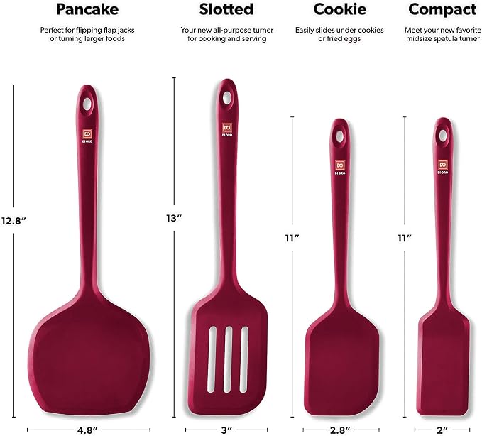 New DI ORO Seamless Series Moda 4-Piece Silicone Turner Spatula Set - 600°F Heat-Resistant Flexible Kitchen Spatulas for Nonstick Cookware - Flippers for Eggs & Pancakes - Utensils for Cooking (Red) - Image 5
