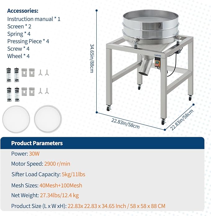Automatic Powder Sifter Machine, Electric Flour Sieve Shaker with 40 Mesh & 100 Mesh Stainless Steel Screens, High-Speed Sifting Machine for Baking, Food | 4 Detachable Wheels, 2900R/Min, Toggle Button - Image 2
