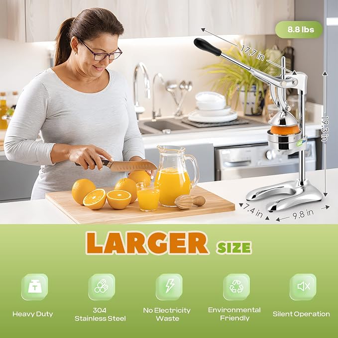 Manual Juicer Hand Press Professional Citrus Juicer Countertop Metal Orange Lemon Pomegranate Squeezer for Commercial Home Restaurant Use( Stainless Steel Heavy Duty Extra Large 7.4*9.8*19.3") - Image 4