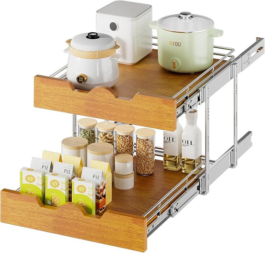 DINDON 2 Tier Pull Out Cabinet Organizer (17" W x 21" D) Slide Out Wood Shelf Double Tier Kitchen Wire Basket With Chrome Finish… by DINDON