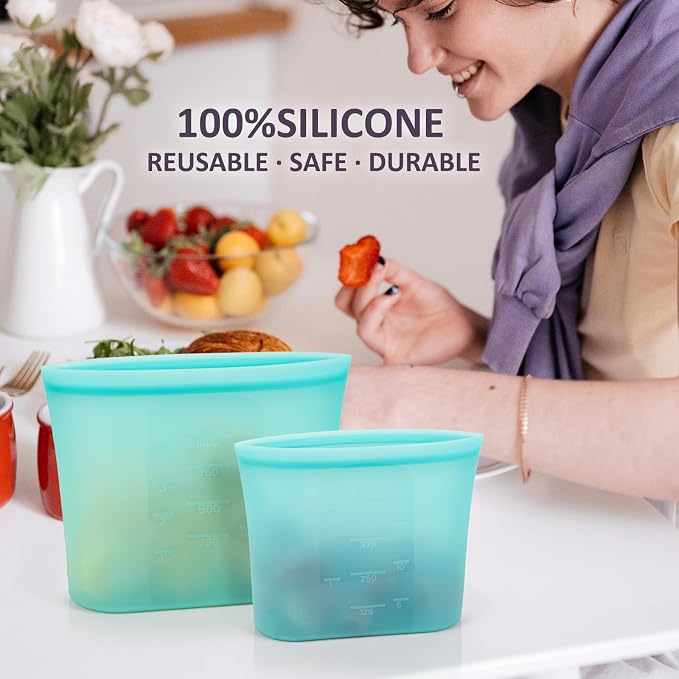 8-Pack Reusable Silicone Food Storage Bags, 100% Silicone Stand-Up Wide-Open Zip-Lock Reusable Storage Bags for Food, Freezer Microwave Oven Dishwasher Safe, Aqua, 2XL(0.8 Gallon) 2M 2S 2XS - Image 2