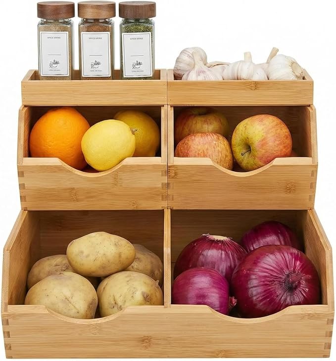 Bamboo Pantry Storage Bins Set 5 Pieces - Stackable Baskets, Potato and Onion Storage, Bamboo Wood Storage Bins for Pantry Baskets Organization and Storage, Kitchen Essential by Unknown
