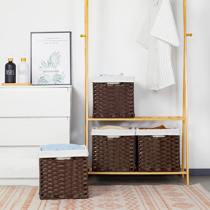 Bidtakay Wicker Cube Storage Bins with Liners 11x11 inch Woven Baskets for Organizing 4-Pack Waterproof Imitation Rattan Woven Cube Organizer with Handles for Pantry-Reddish Brown - Image 5