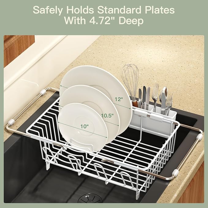 White Dish Drying Rack Over The Sink with Utensil Holder, Mat | Expandable Stainless Steel Dish Drainer for Small Kitchen, Apartment, RV, Counter Space Saving, Perfect Fit, Rustproof - Image 8