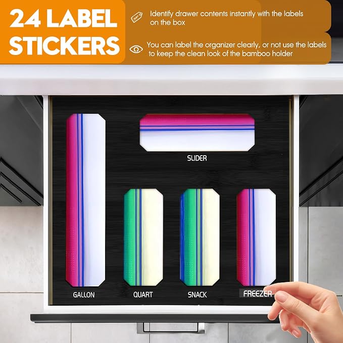 Bamboo Ziplock Bag Storage Organizer for Drawer -Black, 5 in 1 Baggie Organizer with 24 Labels - Fits Gallon, Quart, Sandwich & Snack Bags - Wall Mountable Kitchen Drawer Organizer - Image 4