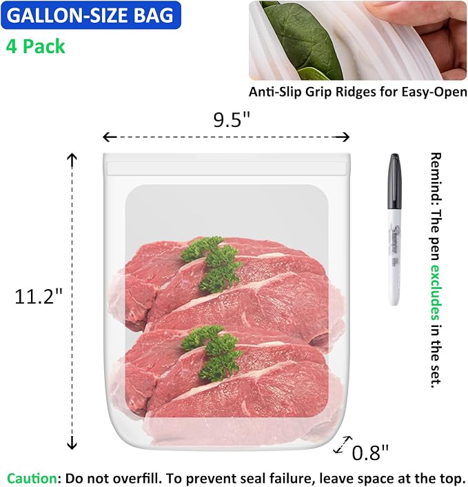 100% Silicone Flat Gallon Freezer Bags, 4 Pack Extra Large Reusable Silicone Ziplock Bags Gallon Size for Freezer, Double Zipper Seal, BPA & Microplastic Free, Freezer Microwave Sous Vide Safe, Clear - Image 3