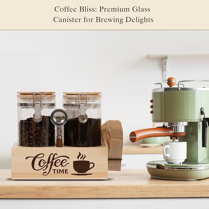 Glass Coffee Canister Set with Shelf & Spoon 2 Piece Coffee Containers for Coffee Bean Storage Airtight Seal, Coffee Bar Accessories Filter Holder for Kitchen Organization - Image 6