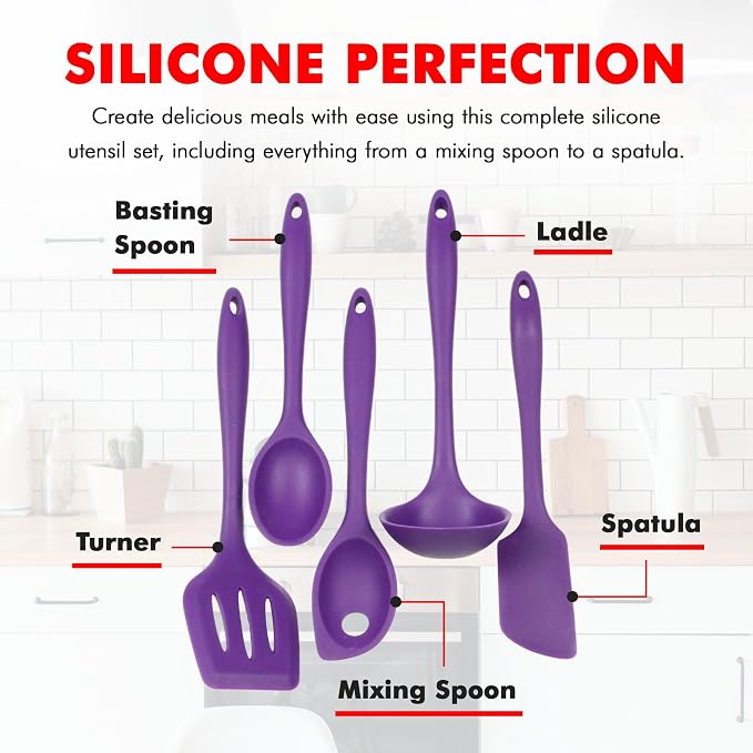 Chef Craft Premium Silicone Kitchen Tool and Utensil Set, 5 Piece, Purple - Image 4