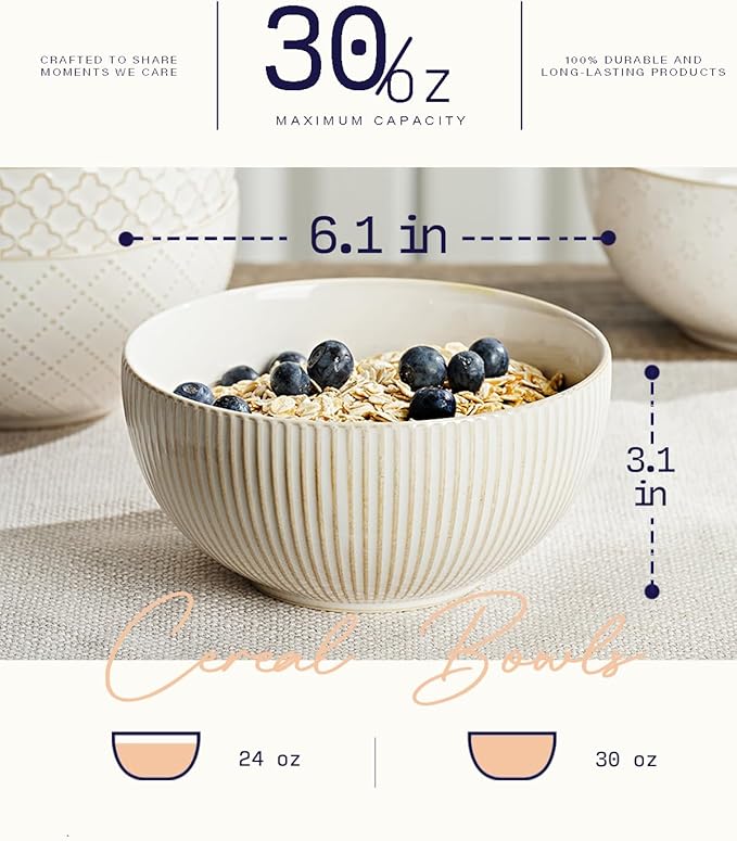 getstar Ceramic Soup Bowls, Big Cereal Bowl Set of 4 with Assorted Embossment (6.1 inch & 30 oz), Farmhouse Vintage Color Bowls for Kitchen - Image 3