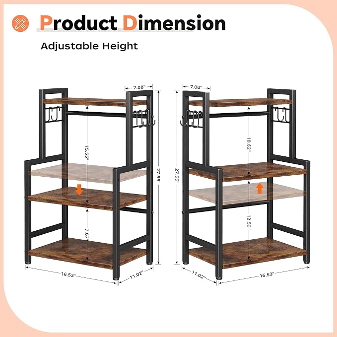 Kitchen Countertop Organizer,3 Tier Large Spice Rack Organizer with Adjustable Shelf and 5 Hooks,Wooden Counter Organizer,Space Saving Countertop Shelf Microwave Stand for Kitchen,Bathroom,Coffee Bar - Image 7