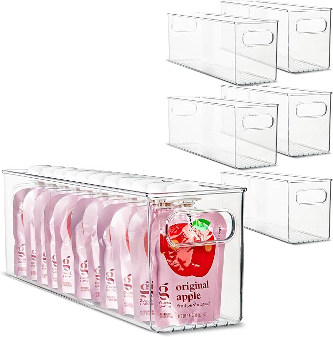 Plastic Food Storage 6 Pack Clear Container Bin with Handles for Organizing Kitchen, Pantry, Fridge, Freezer, Pantry,Bathroom. 16"x4"x5" by primebox