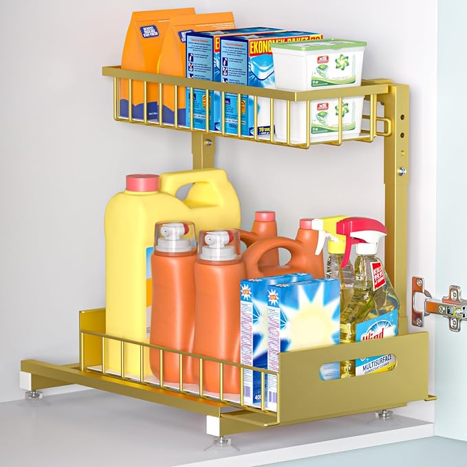 L-Shaped Under Sink Organizer, 2-Tier Pull-out Cabinet Rack 1-Pack | Gold Height-Adjustable Steel Rack, Sliding Grid Drawers with PP Liners, Holds 100 Lbs, Suction Base, Ideal Kitchen Storage by Saydear