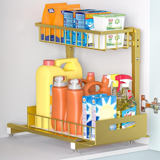 L-Shaped Under Sink Organizer, 2-Tier Pull-out Cabinet Rack 1-Pack | Gold Height-Adjustable Steel Rack, Sliding Grid Drawers with PP Liners, Holds 100 Lbs, Suction Base, Ideal Kitchen Storage by Saydear