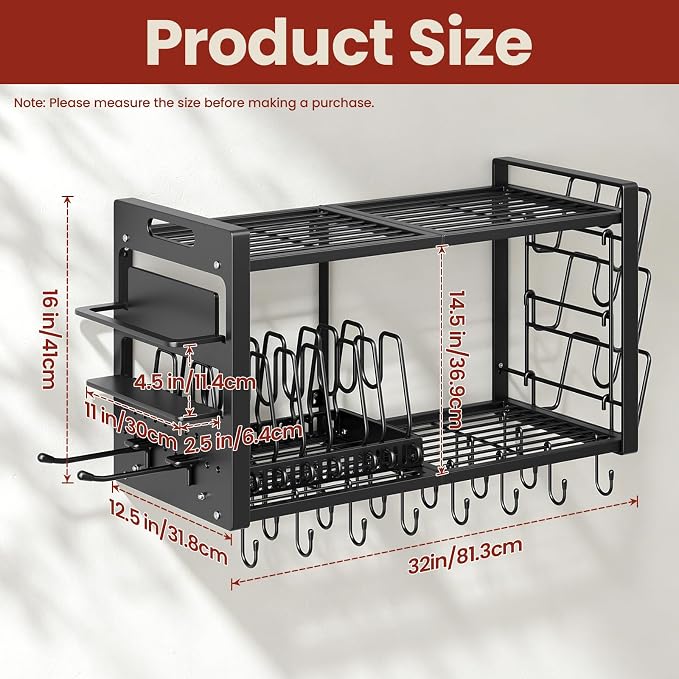 Pot Rack Wall Mount, Hanging Heavy Duty Metal Pan Organizer with 20 Hooks,Pot Shelf with 3 Pot Lid Holder with 8 Adjustable Dividers Loads 100lbs for Kitchen Cookware and Utensil storage - Image 2