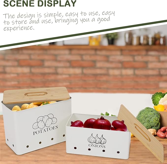 Potato and Onion Storage Bin Set of 2, Vented Metal Vegetable Storage with Wooden Lids, Farmhouse Kitchen Canisters for Countertop Pantry Organizer, Potato Bin Onion Holder for Produce Storage, White - Image 4
