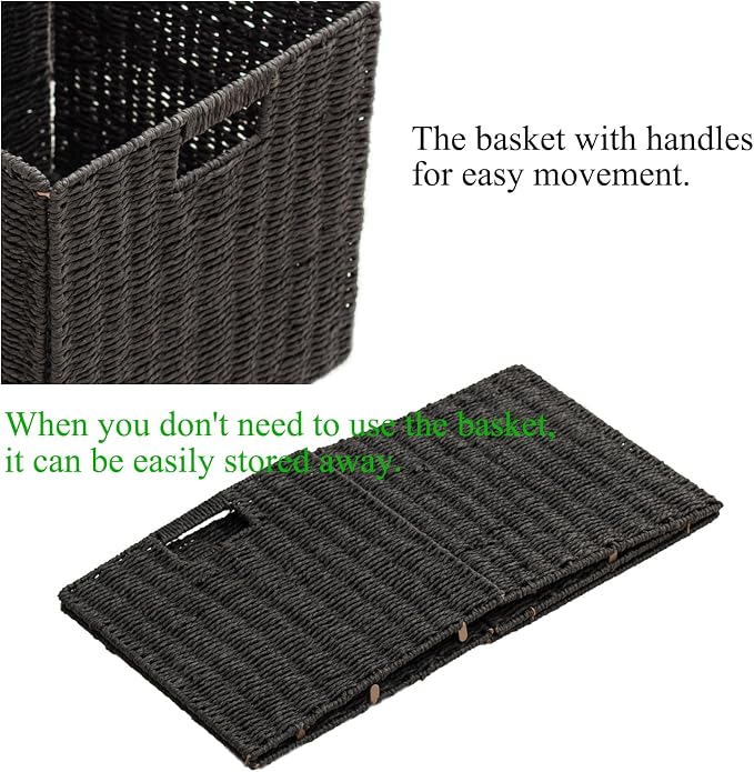 Handwoven Paper Woven Cube Basket Organizer with Handles set of 4 Foldable Storage baskets for Bedroom Living Room Cubby Storage Units for Clothes Books Toys (Black, 13" L x 13" W x 13" H) - Image 7
