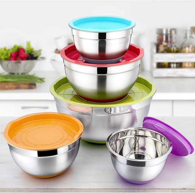 P&P CHEF Mixing Bowls with Lids Set of 5, Stainless Steel Nesting Salad Bowl with Lid & Base for Non-slip Mixing Prepping Storing Serving, 5 Sizes-7/3.5/2.5/1.5/1 QT, Multicolor - Image 6