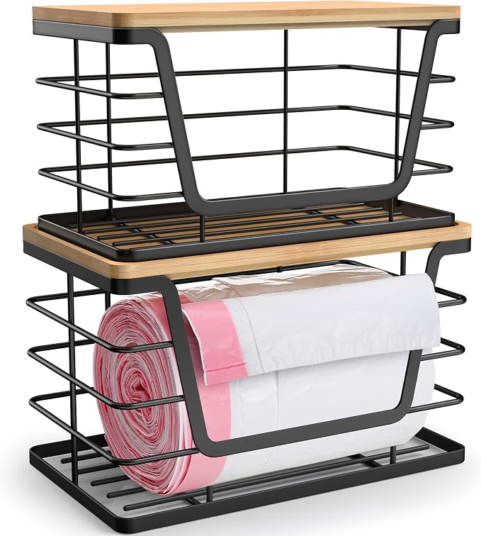 ALOCEO 2 Pack Storage Stackable Kitchen Laundry Organizers with Bamboo Top, Large Trash Bag Holder and Small Garbage Bag Dispenser for Countertop Organization by ALOCEOWallHooksAdhesive