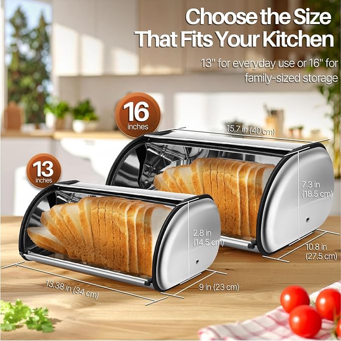 Flexzion Stainless Steel Bread Box for Kitchen Countertop, 16 Inch, Silver | Large Bread Storage Container with Roll-Top Lid, Front Window, Rear Vents, and Room for Bread, Bagels, Muffins, and Pastries - Image 7