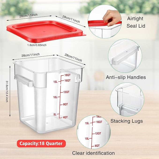 2 Pcs Square Food Storage Container Polycarbonate Clear Food Container with Lid Commercial Rice Storage with Graduations for Commercial Kitchen(18 Qt,Red) - Image 2