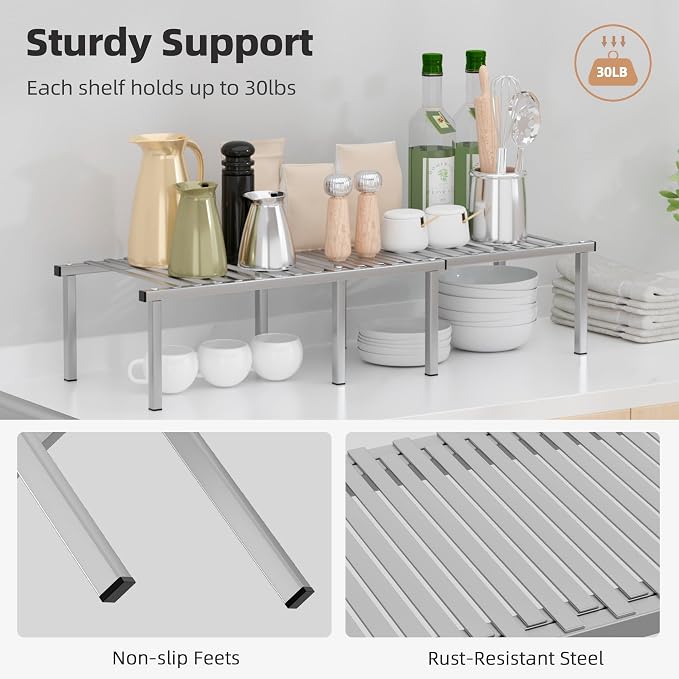 STORAGE MANIAC Expandable Cabinet Organizer Shelf, Set of 4, Gray | 15.8 inches Expandable, Stackable Wire Shelf, Spice Rack, Metal Pantry Storage for Plate Dish, Kitchen Counter Shelves - Image 3
