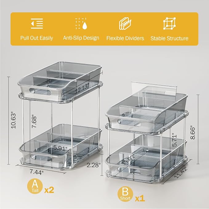 Delamu 2-Tier Under Sink Organizers and Storage, Multi-Purpose Stackable Bathroom Cabinet organizers, Pull Out Kitchen Pantry Organization and Storage with Dividers(3 Pack, Grey) - Image 5
