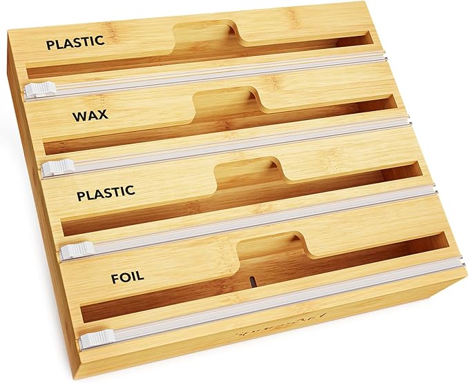 SpaceAid WrapNeat 4 in 1 Wrap Organizer with Cutter and Labels, Plastic Wrap, Aluminum Foil and Wax Bamboo Dispenser for Kitchen Storage Organization Holder for 12" Roll (Natural, 4-Slot) by SpaceAid