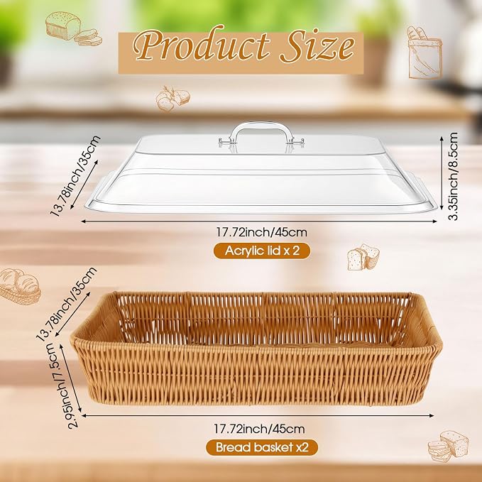 2 Set Wicker Bread Basket for Serving with Acrylic Lid Cover Imitation Rattan Bread Basket Woven for Fruit Summer Picnic BBQ Pool Party Outdoor Housewarming Gift(17.72" X 13.78") - Image 2