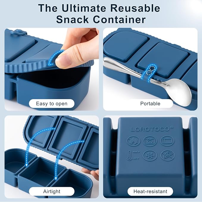 3 Pack Silicone Reusable Snack Containers with Lids - 3 Compartment Snackle Box for Kids & Adults, BPA-Free & Leakproof, Small for Dressing, Sauces, School, Office, Picnic（Blue, yellow, pink） - Image 4