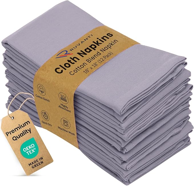 Ruvanti Cloth Napkins Set of 12, 18x18 Inch, Soft & Absorbent Cotton Enrich Dinner Napkins for Hotel, Wedding Parties, Napkins Everyday - Coffee Grey by Ruvanti