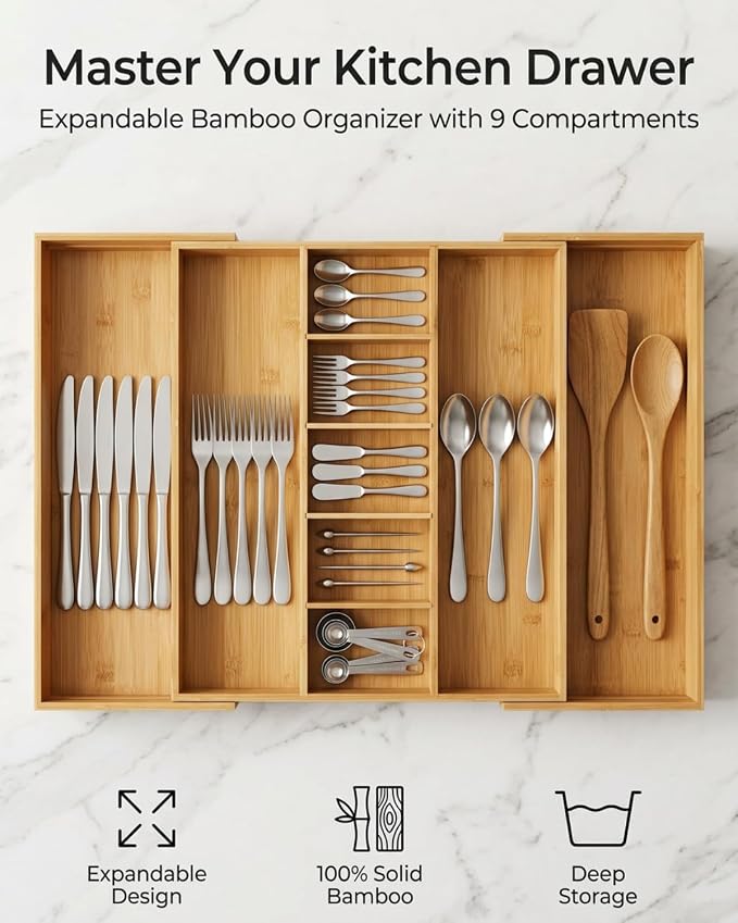 Expandable Bamboo Silverware Drawer Organizer, 5-7 Compartments | Expandable Design, 5-7 Compartments, Dual-Zone Storage, Natural Bamboo Construction, Easy Access Layout - Image 4