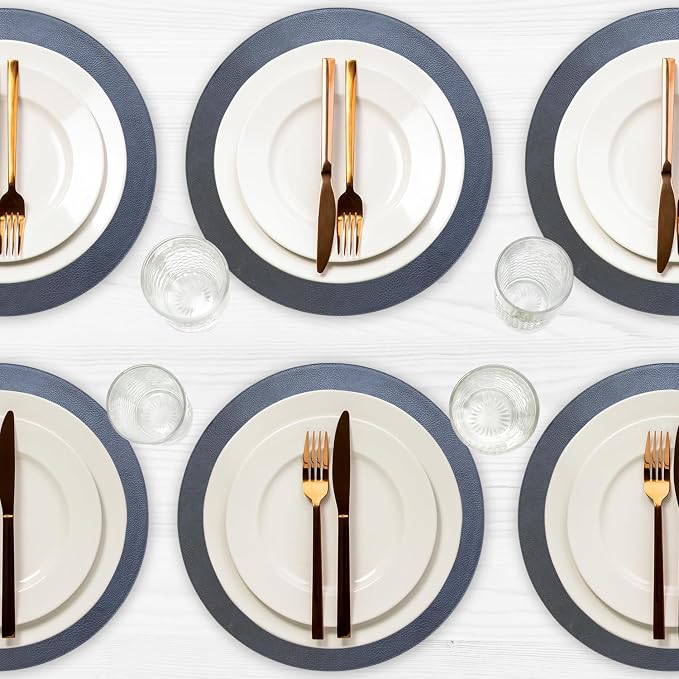 Placemats Set of 6 – Round 15” Faux Leather Table Mats for Dining, Heat Resistant & Non-Slip Washable Table Decor, Indoor, Outdoor, Dining Table Set for 6, Modern Kitchen & Holiday Use, Navy - Image 2