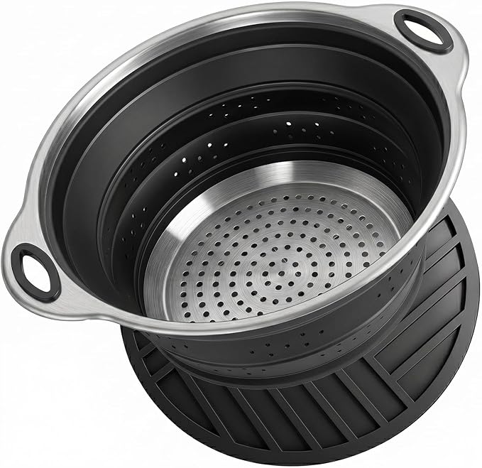Collapsible Colander Set with Silicone Mat,2-in-1 Stainless Steel Colander for Kitchen, Foldable Metal Colander, Space-Saving for Pasta Veggies Fruit(Black) by Rvxesaw