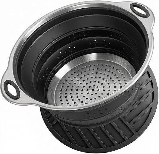 Collapsible Colander Set with Silicone Mat,2-in-1 Stainless Steel Colander for Kitchen, Foldable Metal Colander, Space-Saving for Pasta Veggies Fruit(Black) by Rvxesaw
