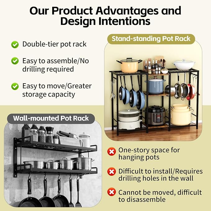 Pot Rack —Expandable Pot and Pan Organizer Rack, Freestanding Kitchen Pot and Pan Rack Storage Stand, Vertical Pan & Lid Hanging, Rustic Wood Top for Kitchen Storage & Organization - Image 8