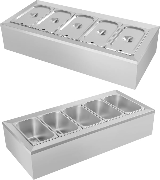 Pizza Oven Topping Station Condiment Food Prep Container Pans Rack | Stainless Steel Container Set with 5 1/3 Pans & Lids, Sandwich Prep Table Ingredients Holder Kitchen Restaurants Buffet by kunghei