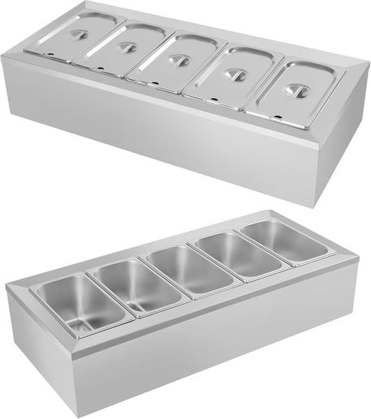 Pizza Oven Topping Station Condiment Food Prep Container Pans Rack | Stainless Steel Container Set with 5 1/3 Pans & Lids, Sandwich Prep Table Ingredients Holder Kitchen Restaurants Buffet by kunghei
