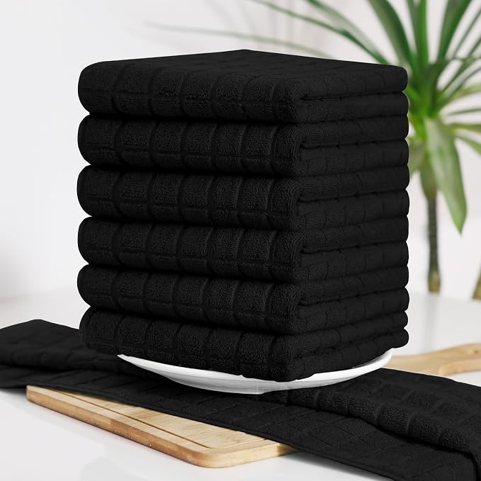 Homaxy Premium Ring Spun Cotton 390 GSM Kitchen Towels, 6 Pack, Black | 16" x 28" Large Dish Towels, Super Absorbent Terry Hand Towels, Soft Tea Towels with Hanging Loops - Image 7