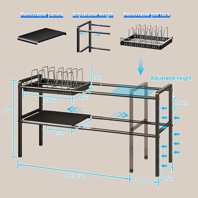 Mustorn Pots and Pans Organizer Under Cabinet, Expandable 2 Tier Under Sink Organizers Storage Adjustable Height Kitchen Pot and Pan Lid Holder Rack with 6 Dividers(4panels,2baskets,1 Pot rack,Black) - Image 2