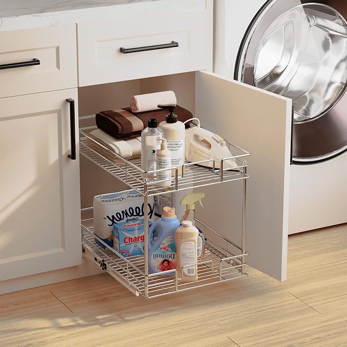 ROOMTEC New Version Pull Out Cabinet Organizer for Base Cabinet (14" W X 21" D), Kitchen Cabinet Organizer and Storage 2-Tier Cabinet Pull Out Shelves Under Cabinet Storage for Kitchen Silver,Chrome - Image 3