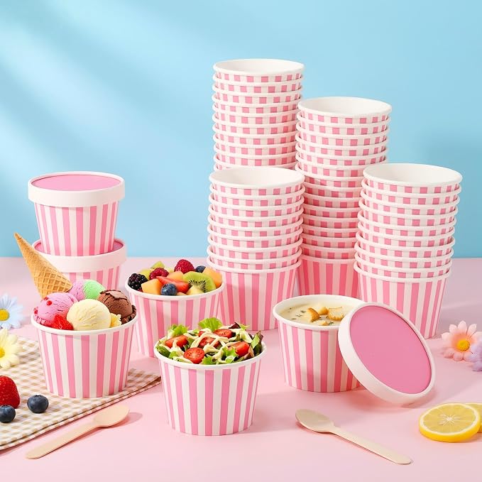 Fulmoon 100 Pack Paper Soup Containers with Lids Disposable Paper Food Containers with Vented Lid Kraft Ice Cream Cake Dessert Cups Soup Bowl for Party Hot Food Fruit Microwave(8 oz,Pink) - Image 5