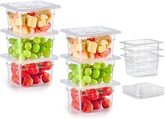 6 Pack Plastic Food Pans with Lids NSF Listed, 1/6 Size 4 in Deep Clear Food Storage Containers, 1.8 qt Stackable Polycarbonate Commercial Hotel for Fruits Vegetables Beans Corns by Unknown