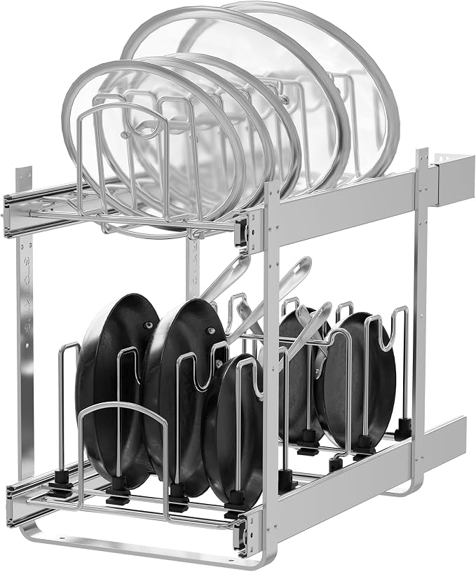 2-Tier Pots and Pans Organizer Under Cabinet Kitchen 12" W *22" D | Pull out Cabinet Organizer for Pots, Pans, and Lid Cookware, Adjustable Heavy Duty Wire Pan and Pot Rack, Full-Extension Rail by STORKING