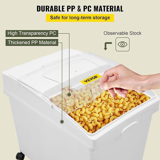 VEVOR Ingredient Bin, 10.5 Gallons Capacity Ingredient Storage Bin, PP Material Flour Bins On Wheels, White Shelf Ingredient Bin with Scoop and Sliding Lid, Commercial Storage Bins 3 Pcs/Set - Image 6