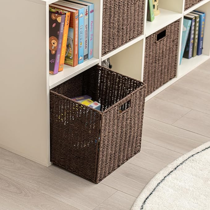 Handwoven Paper Woven Cube Basket Organizer with Handles set of 4 Foldable Storage baskets for Bedroom Living Room Cubby Storage Units for Clothes Books Toys (Brown, 13" L x 13" W x 13" H) - Image 3