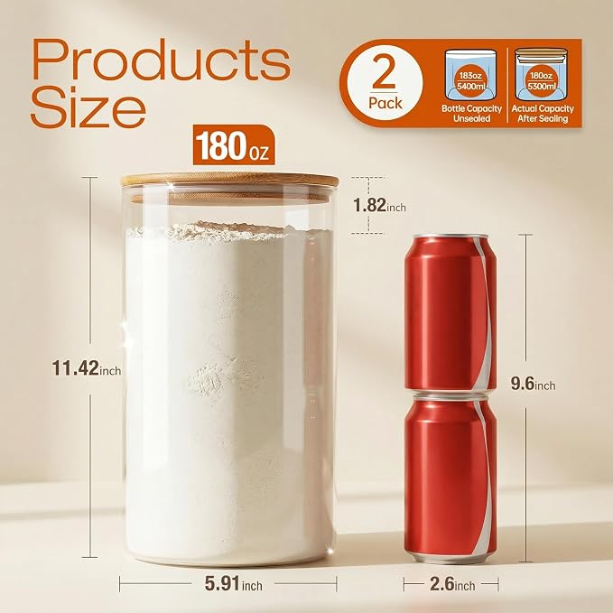 HomArtist Large Glass Flour and Sugar Containers 180oz x2 [Set of 2], Glass Food Storage Containers with Bamboo Lids, Glass Jar with Airtight Lids for Spaghetti Pasta,Rice,Cereal,Candy,Coffee, Oat - Image 3