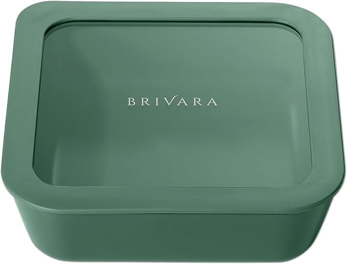 Glass Food Storage Container with Lid, 5-Cup Medium Square | Microwave-Safe Airtight Lid, Oven-Safe Ceramic-Coated Glass | Zero Plastic, No PFAS/PFOA/BPA, Reusable [Pine] by BrivaraHome