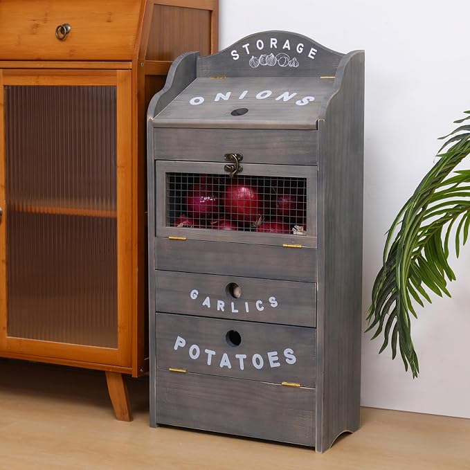 ARTAWEIN Potato Storage Bin Wall-mountable Potato Box with Lid Rustic and Garlic Drawer Onion Organizer with Grocery Section Decorative Vegetable Organization Cabinet for Kitchen - Image 4