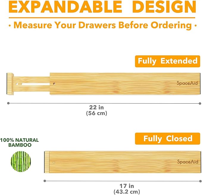 SpaceAid Bamboo Drawer Dividers with Labels, Kitchen Adjustable Drawer Organizers, Expandable Organization for Home, Office, Dressers and Bathroom, 6 Dividers (17-22 in) - Image 5